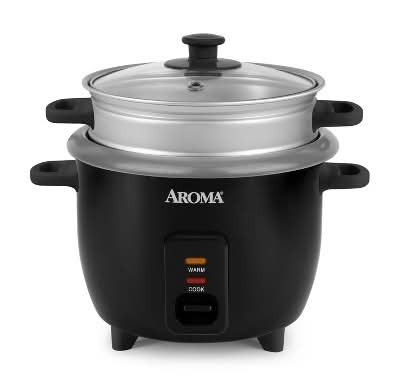 Aroma Nonstick Rice Cooker With Outer Steam Tray 2 Quart, Black