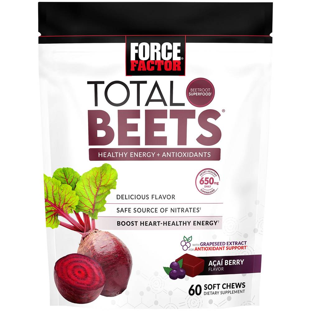 Force Factor Total Beets Chews Healthy Energy & Antioxidants, Acai Berry (60 ct)