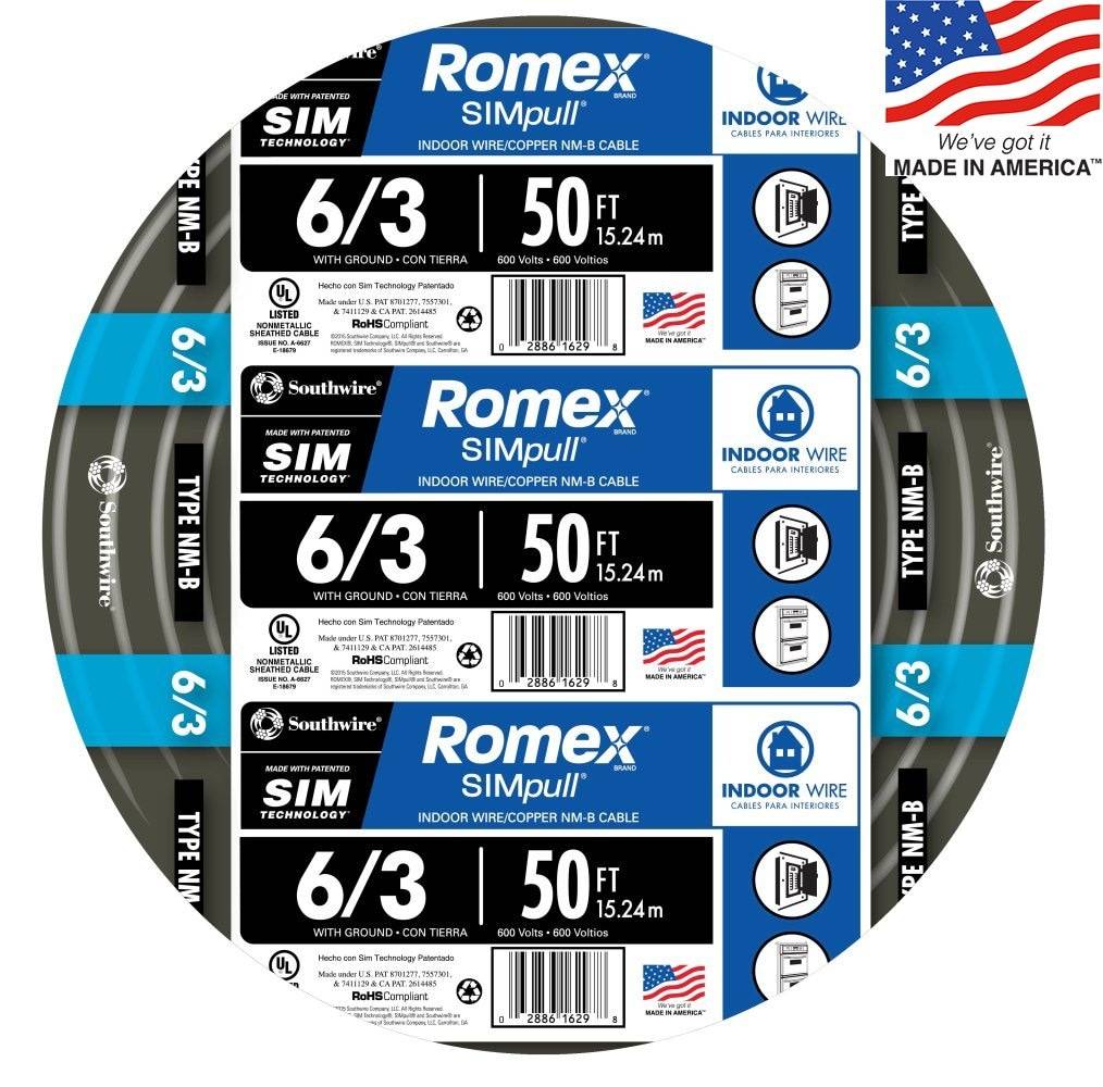 Southwire 50-ft 6/3 Romex SIMpull Stranded Indoor CU NM-B W/G Individual Pack (By-the-roll) | 63950032