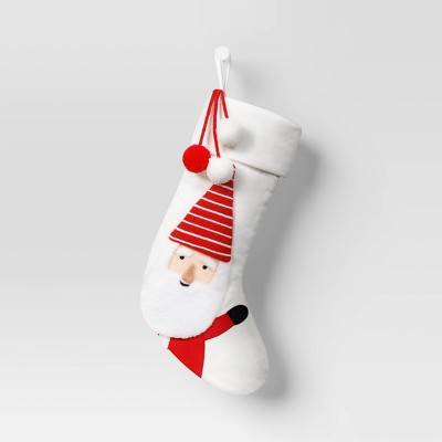 20" Santa in Striped Hat Christmas Stocking with Pom Poms White/Red - Wondershop™