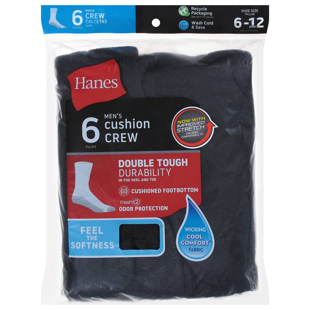 Hanes Men's Cushion Crew Socks, Black (6 ct)