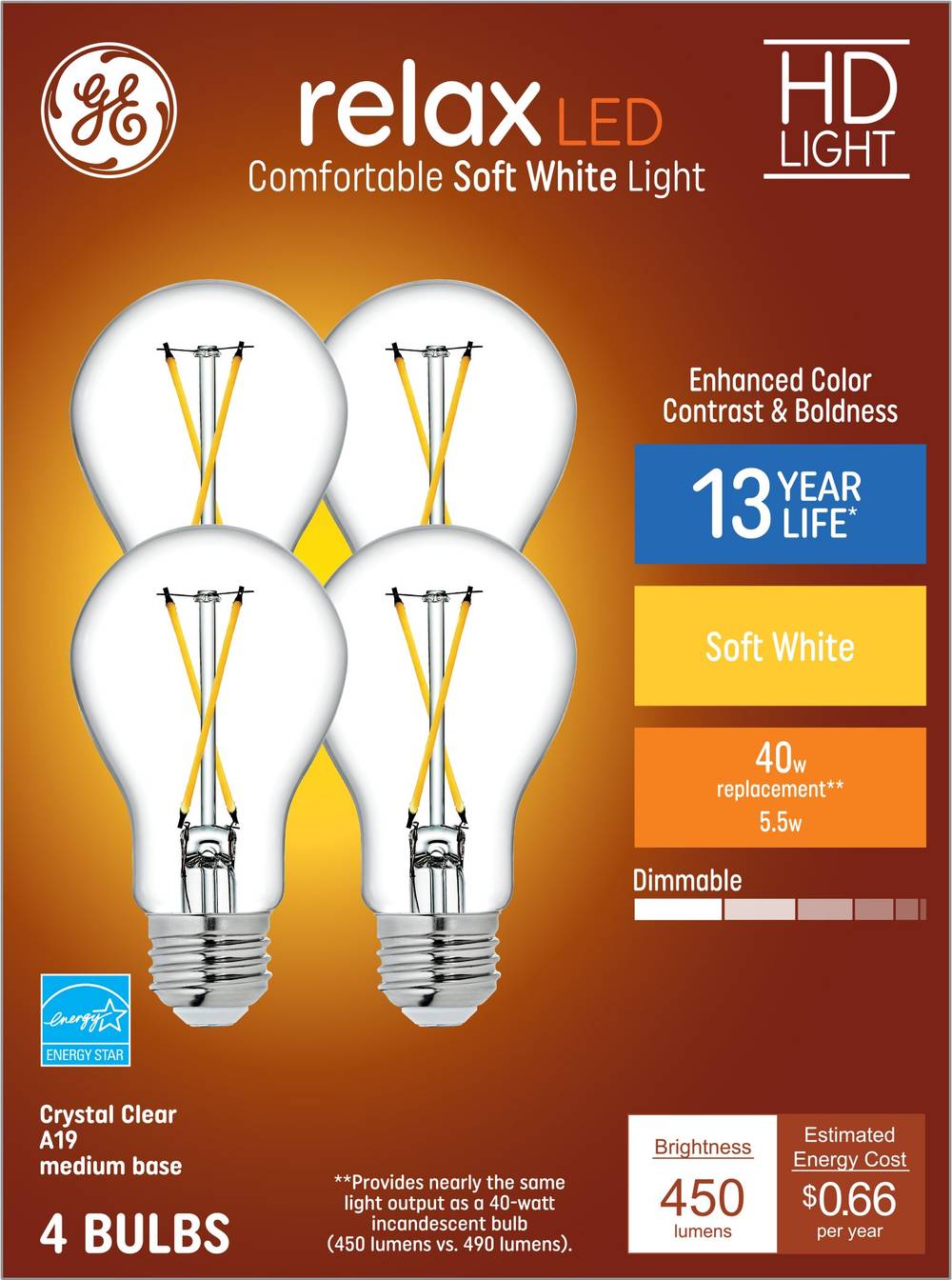 GE Relax 40-Watt EQ A19 Soft White Medium Base (e-26) Dimmable LED General Purpose Light Bulb (4-Pack) | 93121727