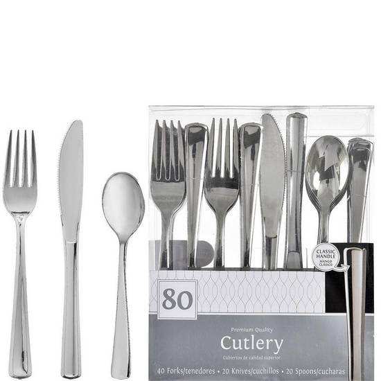 Metallic Silver Premium Plastic Cutlery Set, 80pc, Service for 20
