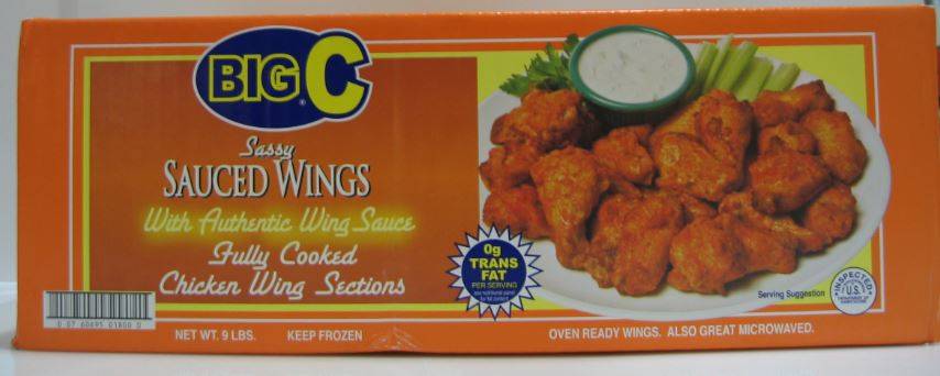 Frozen Big C - Fully Cooked Sassy Sauced Chicken Wings, 1st & 2nd Joints - 9lbs - 63-108 ct (1 Unit per Case)