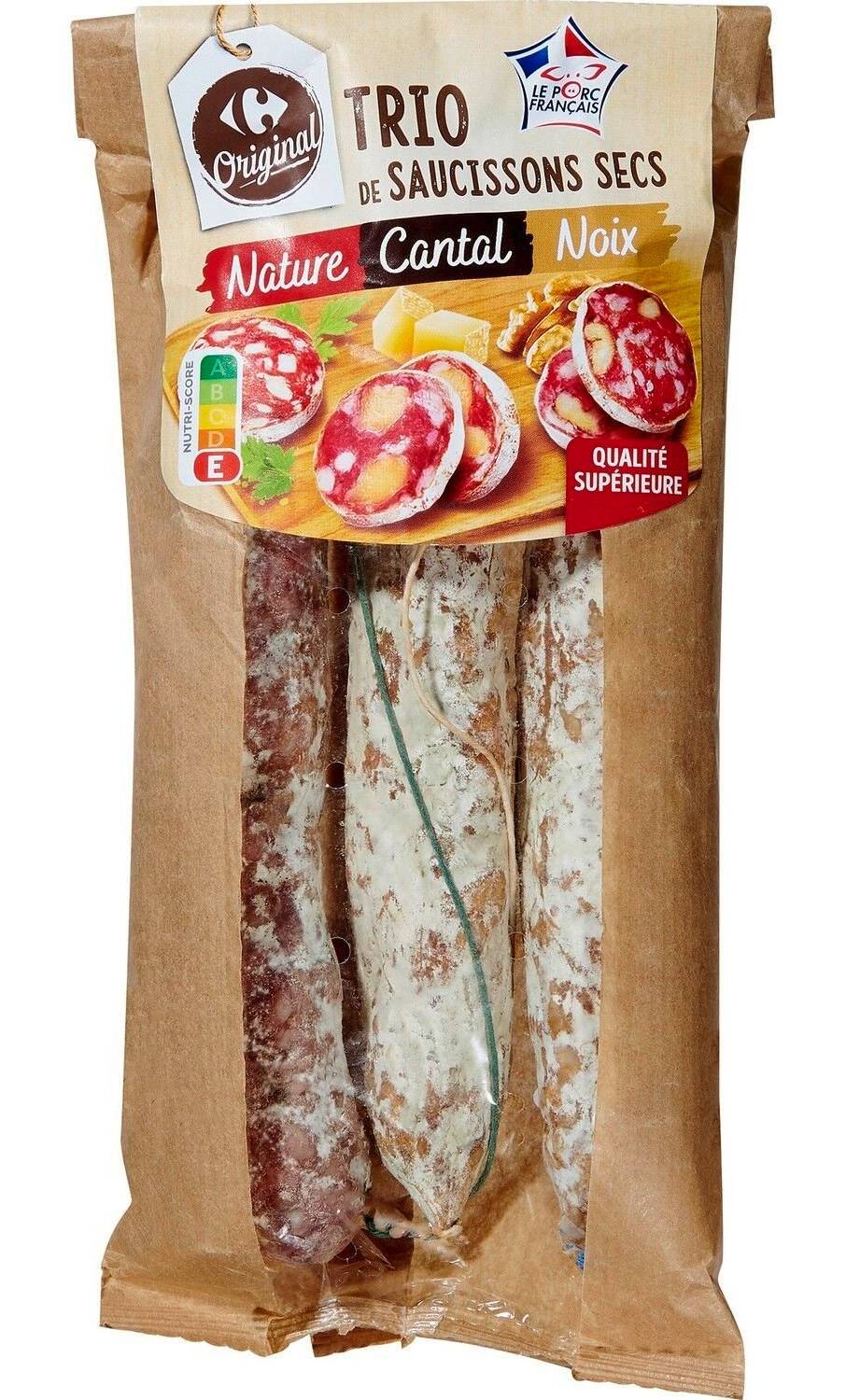 Carrefour Original - Trio de saucissons secs nature cantal et noix (3 x 115g)