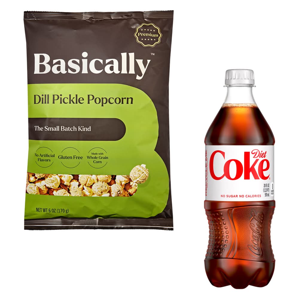 Diet Coke 20oz + Basically Premium Dill Pickle Small Batch Popcorn 6oz Bundle