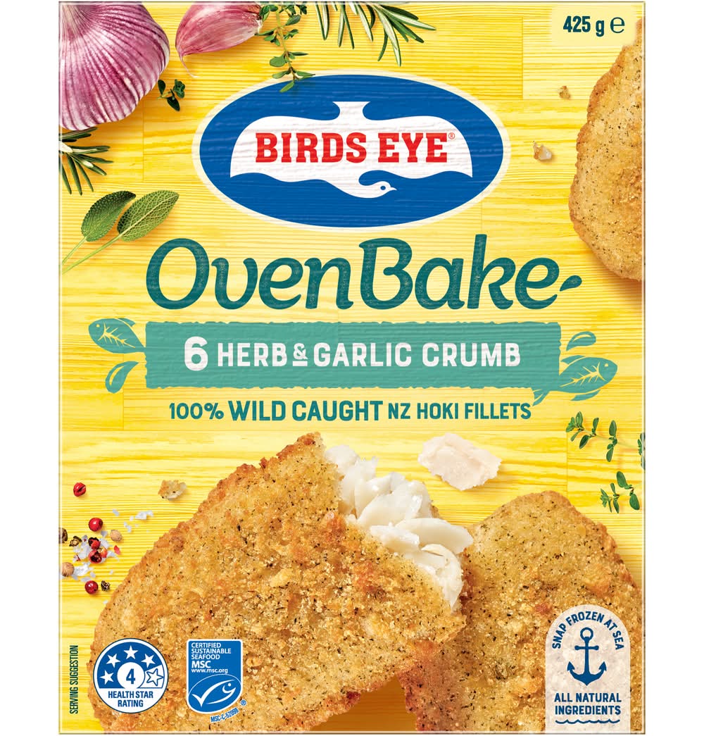 Birds Eye Oven Bake Herb & Garlic Crumb Wild Caught Nz Hoki Fillets (425g, 6 pack)