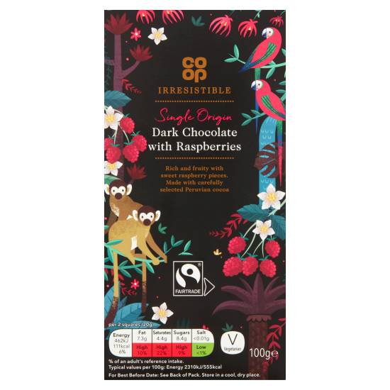 Co-Op Irresistible Fairtrade Single Origin Dark Chocolate With Raspberries 100g
