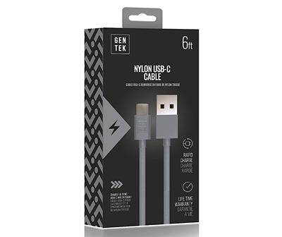 Gray Nylon Usb-A to Usb-C Cable, (6')