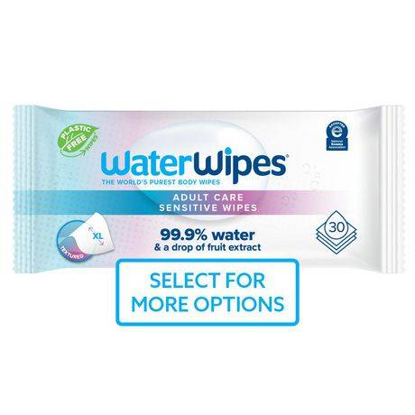 Waterwipes Adult Care Sensitive Wipes, Plastic-Free 99.9% Water Based Wipes, Unscented, Fragrance-Free & Hypoallergenic For Sensitive Skin, Large, Wet Wipes For Incontinence & All Over Cleansing, 30ct
