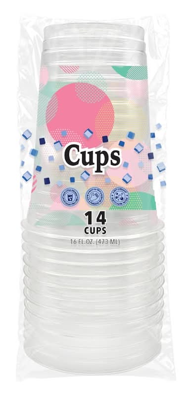 Clear Plastic Cups With Printed Designs 16 fl oz (14 ct)