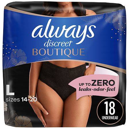 Always Discreet Boutique Incontinence Underwear For Women, L, Black (18 ct)