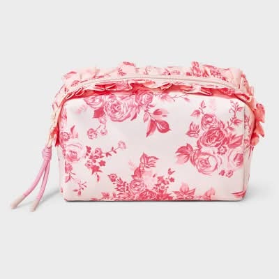 Art Class Girls' Ruffled Floral Printed Cosmetic Pouch, Pink/White