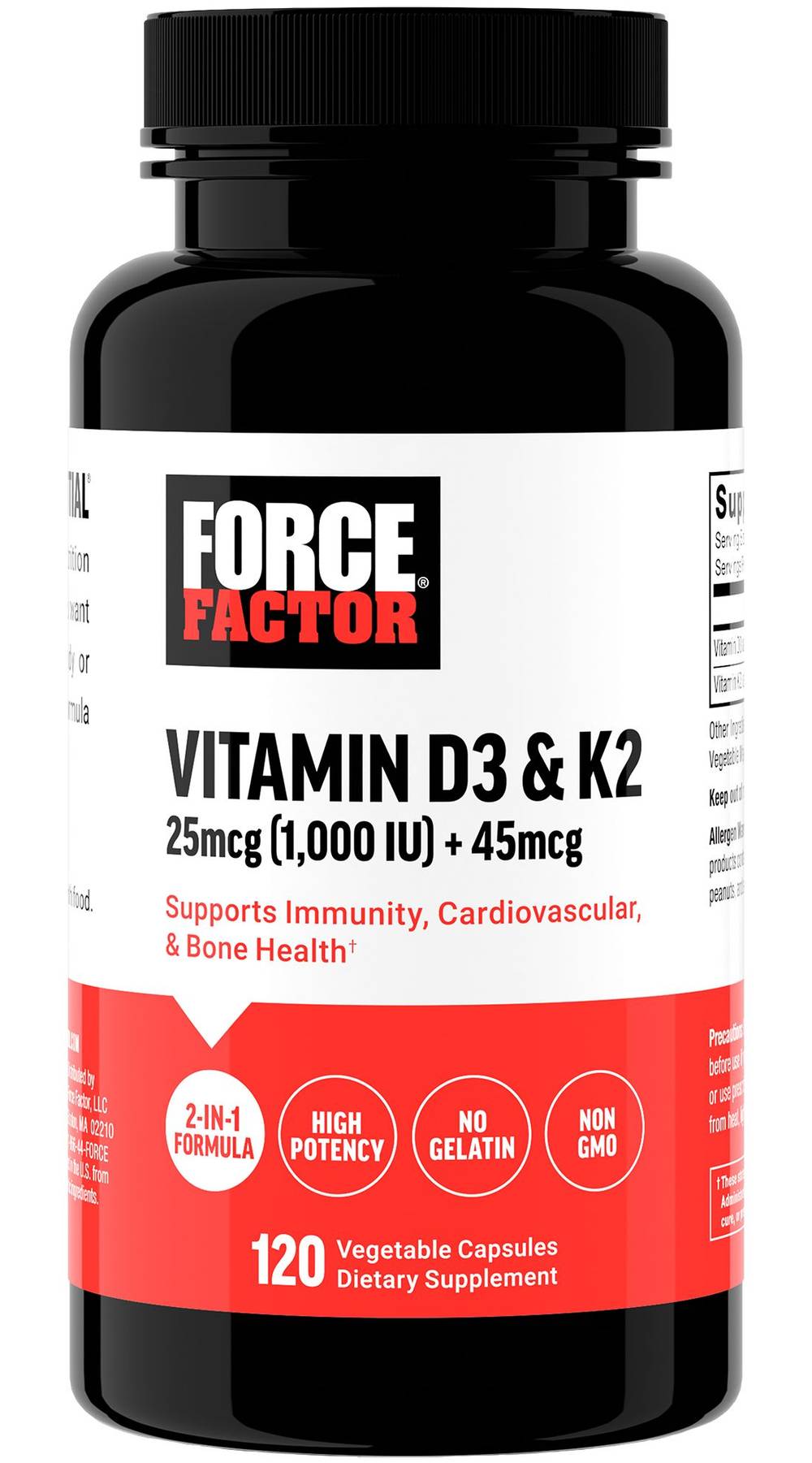 Force Factor Vitamin D3 & K2 Vegetable Capsules (120 ct)