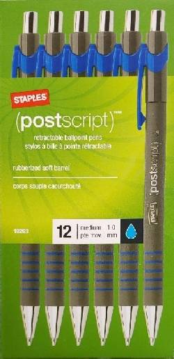 Staples Postscript Ballpoint Pens, Retractable, 1.0 Mm, Blue (150 g)