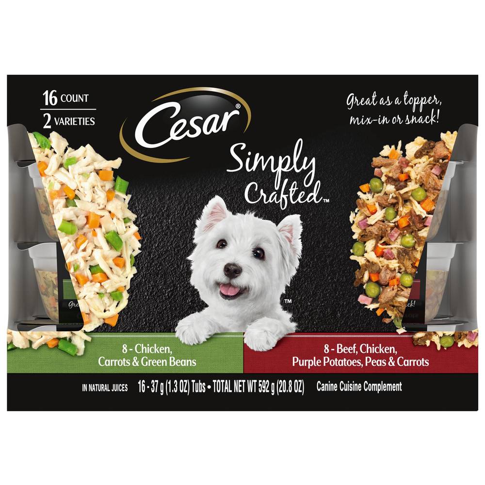 Cesar Simply Crafted Adult Dog Food Meal Topper Variety Pack, Chicken, Carrots, & Green Beans and Beef (16ct 1.3oz)