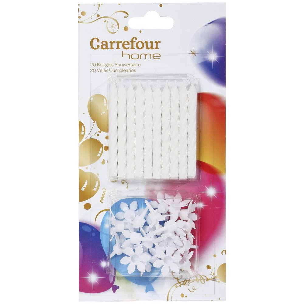 Bougie anniversaire classic, blanches CARREFOUR HOME - les 20 bougies + 20 bobèches