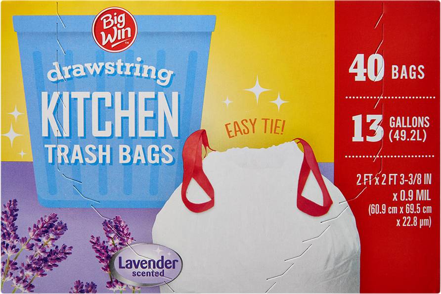 Big Win Drawstring Kitchen Trash Bags, Lavender, 60.9 cm X 69.5 cm X 22.8 um (40 ct)