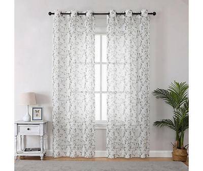Arlo White & Gray Floral Sheer Grommet Curtain Panel Pair, (38" x 84")
