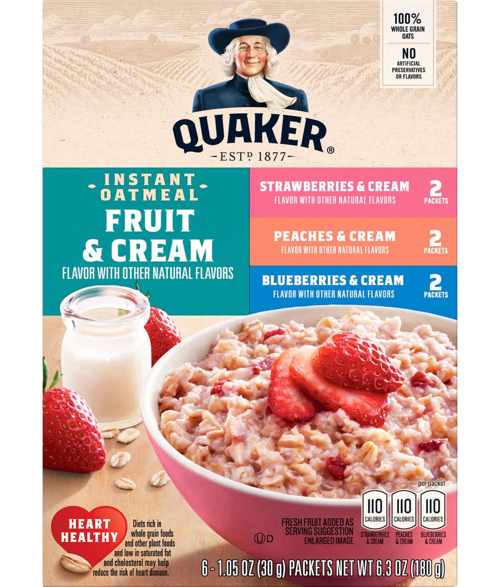 Quaker Fruit & Cream Instant Oatmeal Variety pack, Strawberries-Peaches-Blueberries (6 x 1.05 oz)