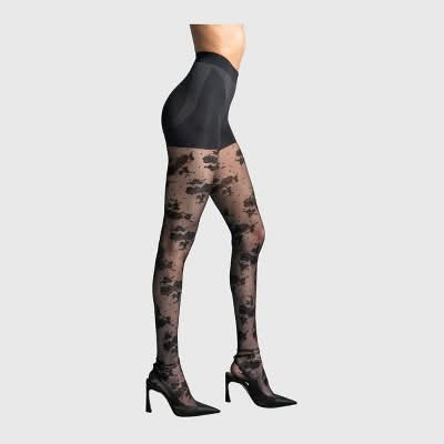L'eggs 360 Contour Floral Lace Dot High Waisted Tights, Women, M, Black