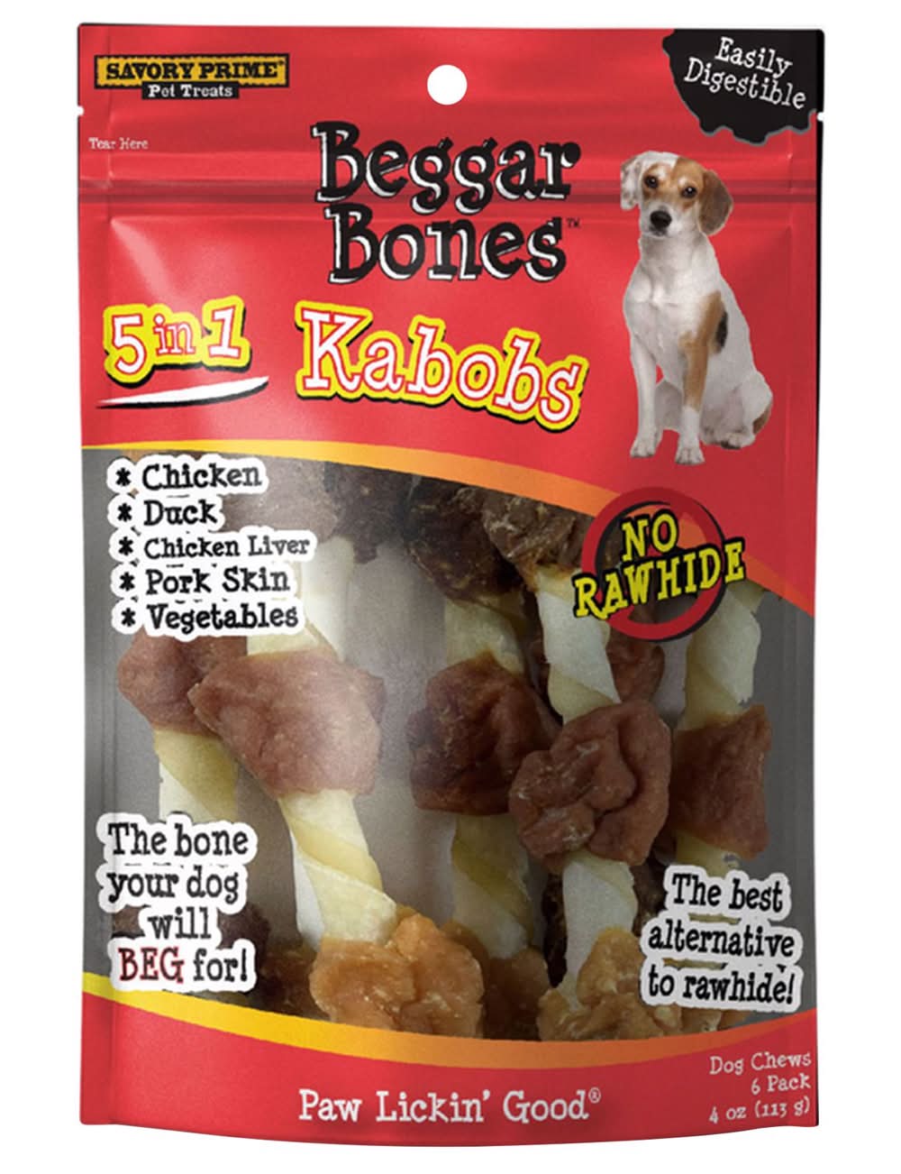 Savory Prime Beggar Bones 5-In-1 Kabobs Grain Free Treats For Dogs 4 Oz 7.8 In. 6 Pk