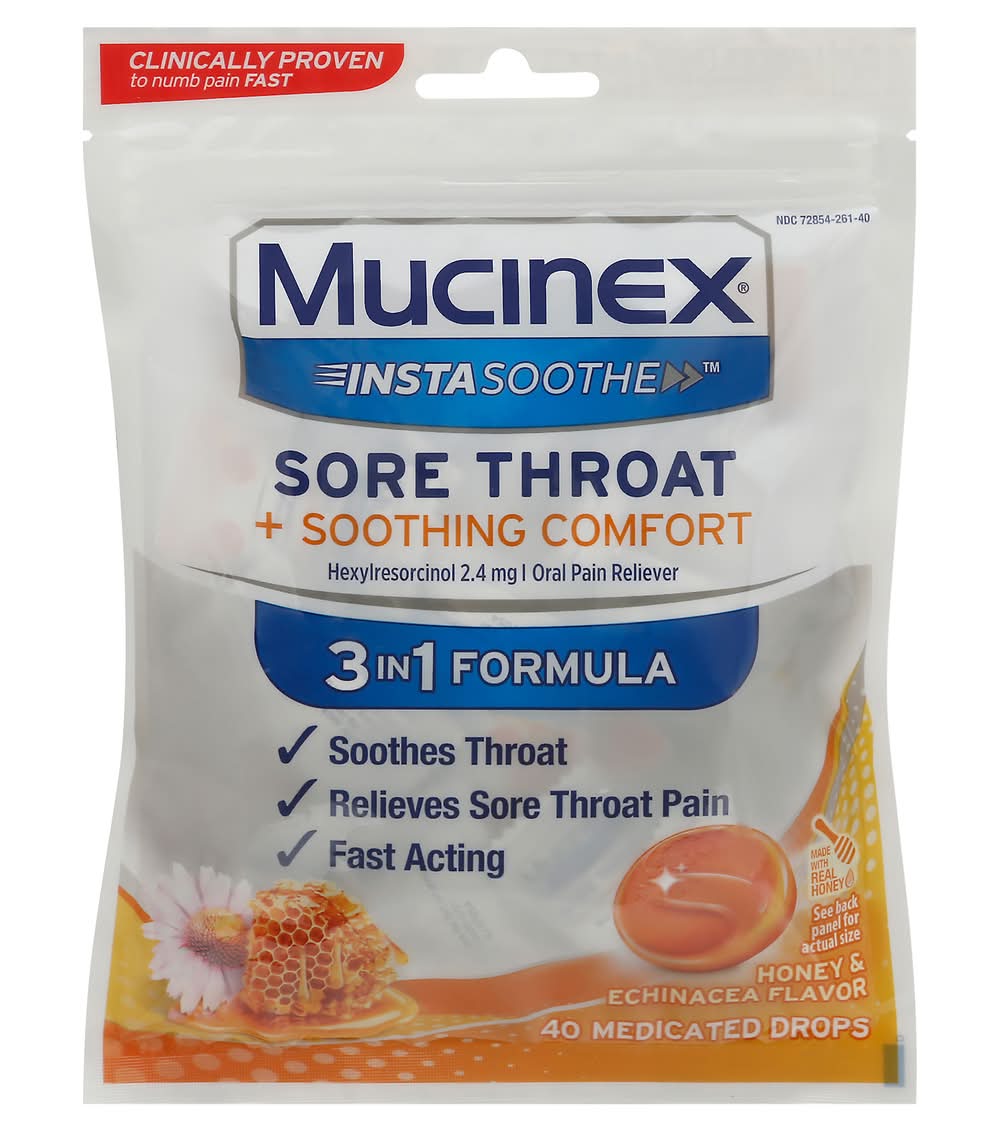 Mucinex Instasoothe Sore Throat + Soothing Comfort Medicated Drops, Honey-Echinacea (40 ct)