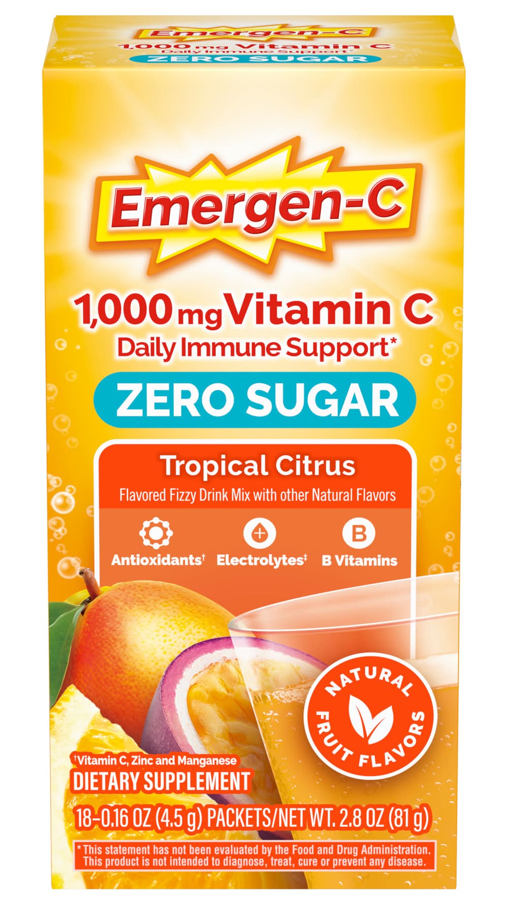 Emergen-C Zero Sugar Tropical Citrus Vitamin C (3.8 oz, 18 ct)