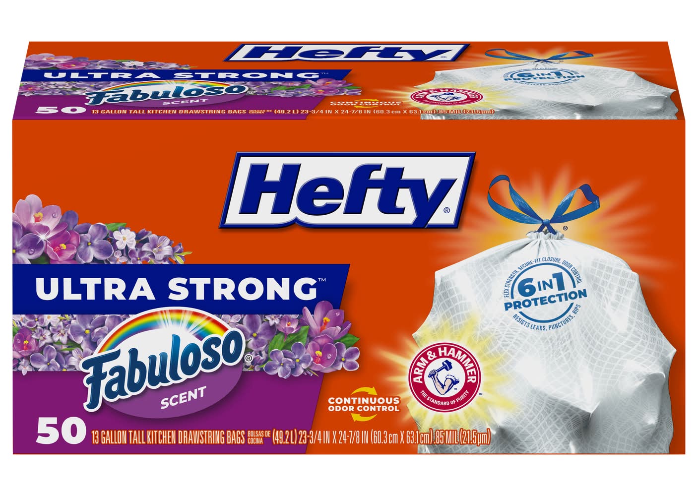 Hefty Ultra Strong Tall Kitchen Trash Bags 13 Gal, Fabuloso, 60.3x63.1 cm (50 ct)