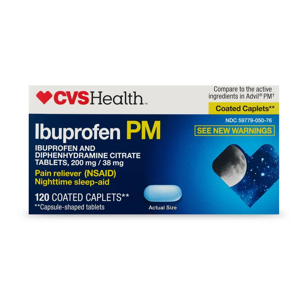 CVS Health, Ibuprofen PM Pain Reliever Coated Caplets, 200 mg, 120 CT
