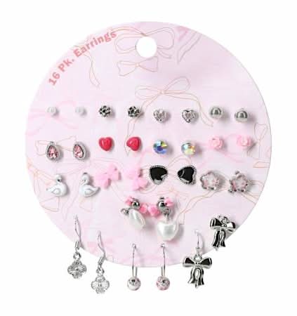 Earrings 16-Pack Pink/Silver Coquette
