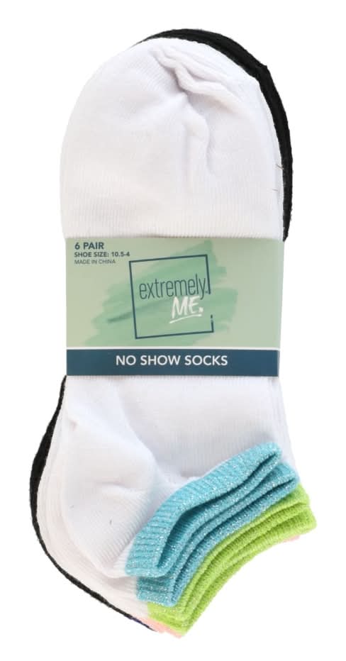 Extremely Me Cuff No Show Socks For Girls, 9'', Assorted (6 ct)