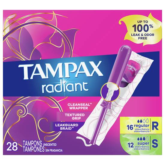 Tampax Radiant Regular/Super Unscented Tampons (28 ct)