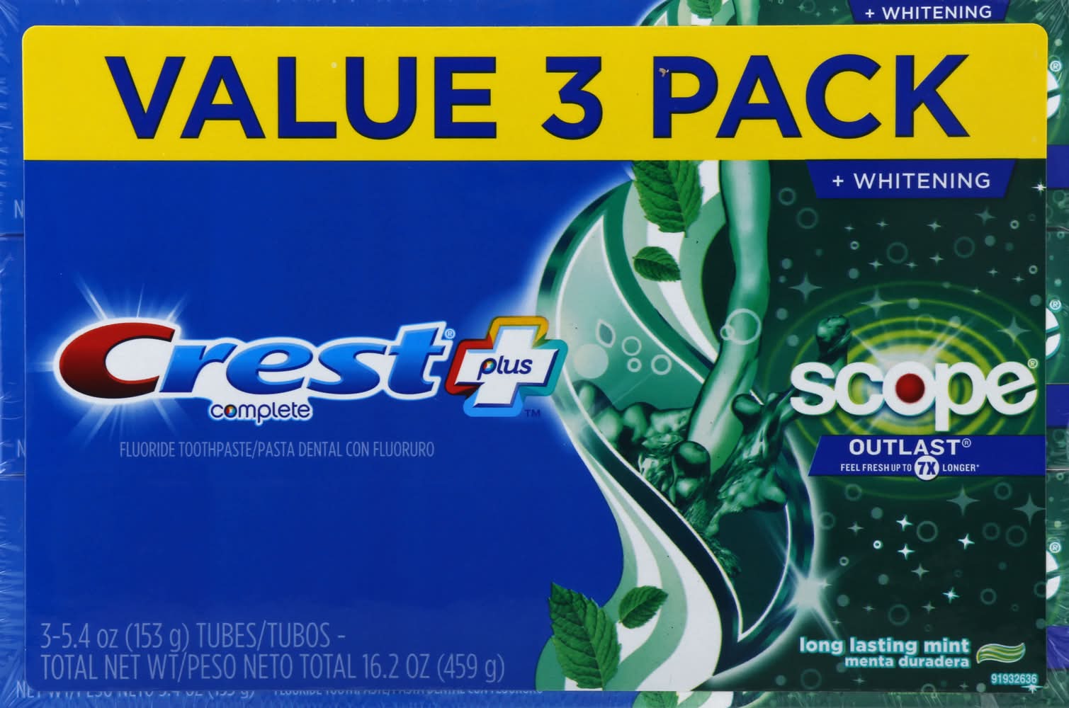 Crest Value pack Plus Scope Outlast Complete Whitening Toothpaste, Mint (16.2 oz, 3 ct)