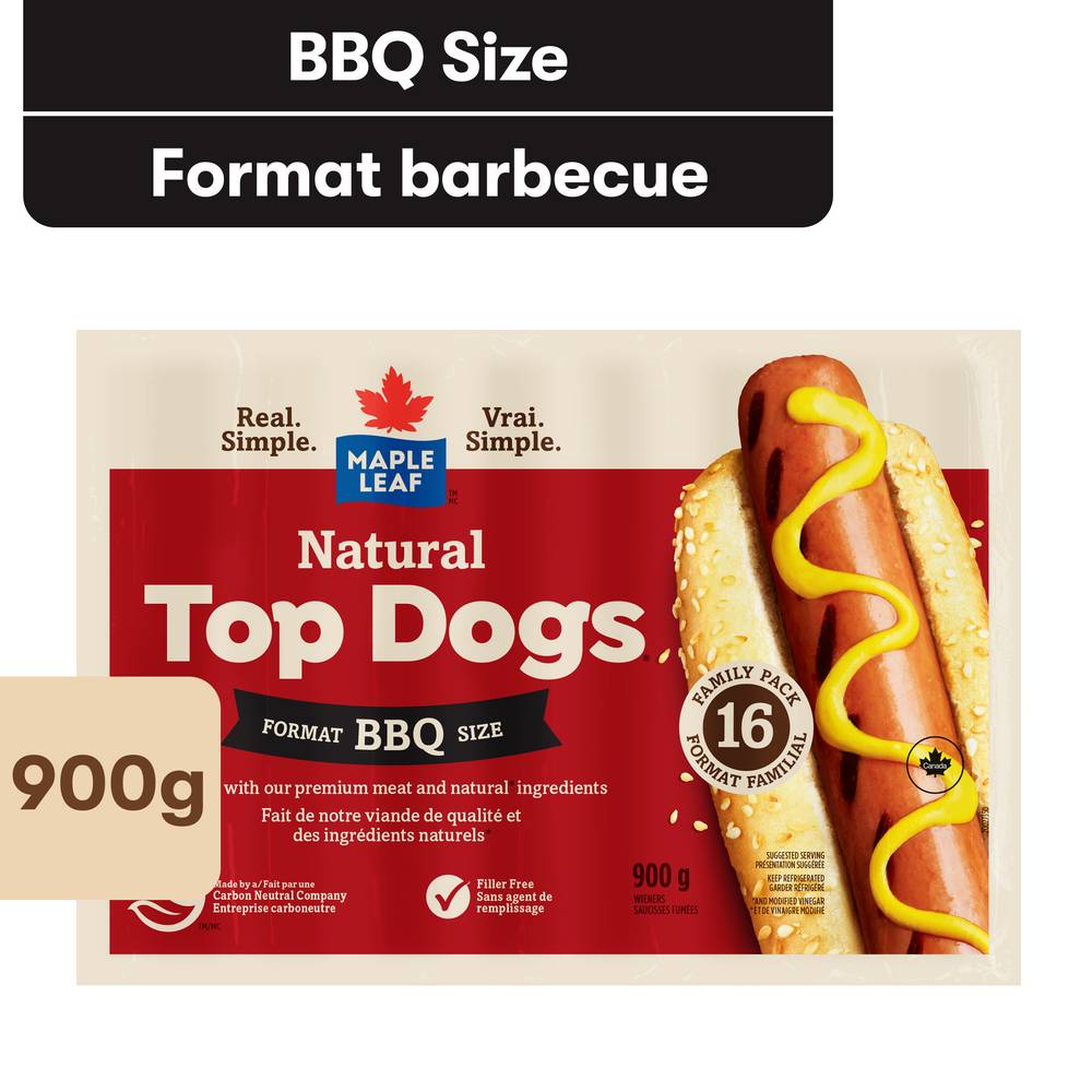 Maple Leaf Natural Top Dogs Bbq Hot Dogs, Family pack (900 g)