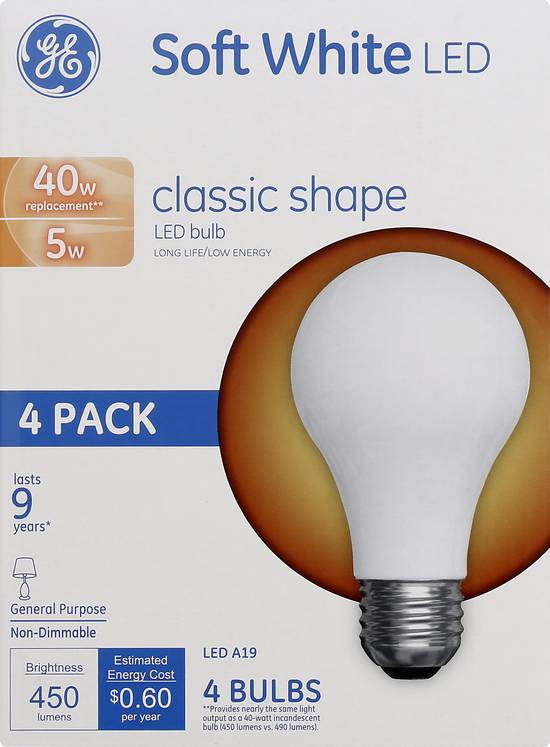Ge 5w Soft White Classic Shape Led Light Bulbs (4 bulbs)