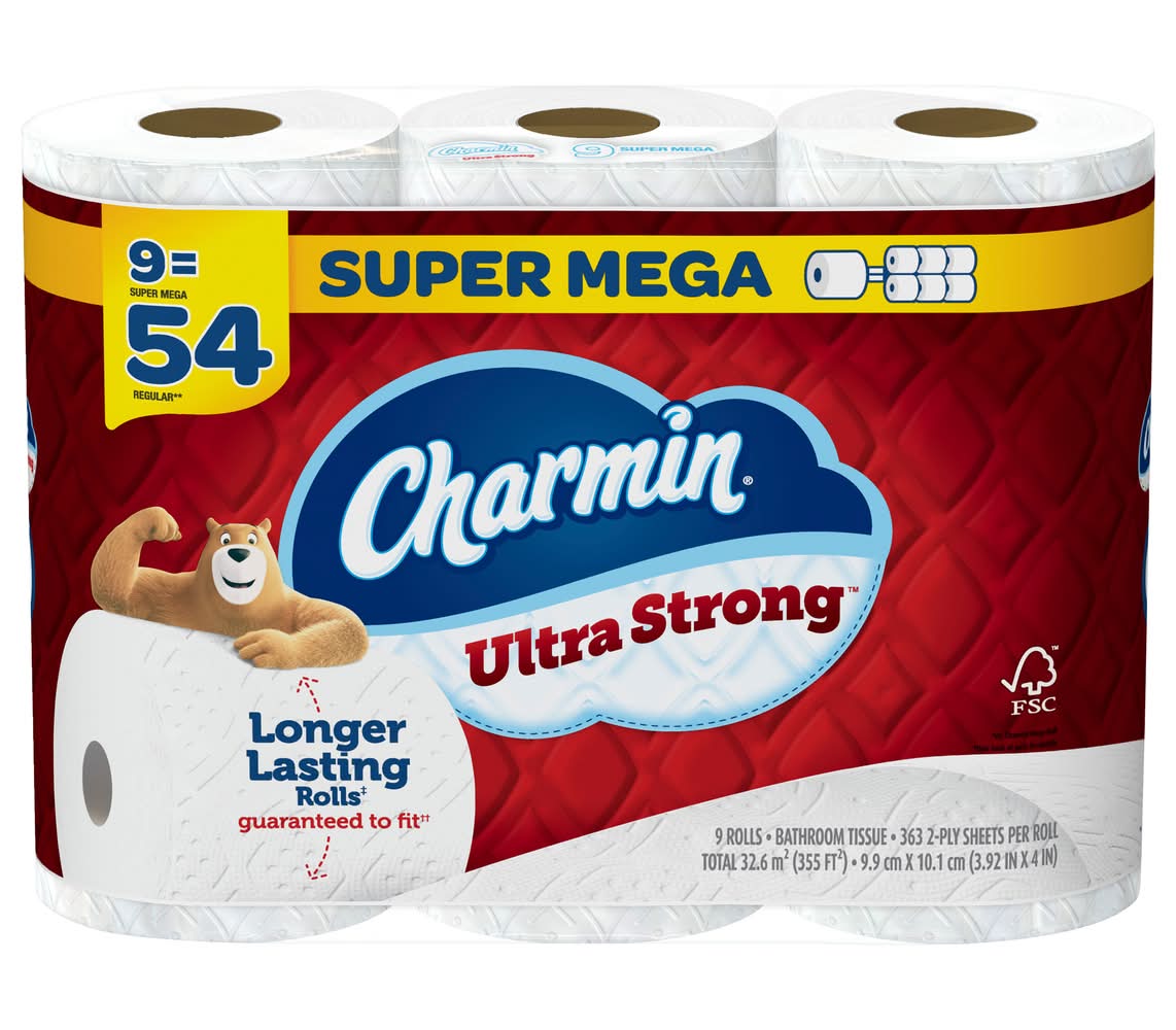 Charmin Ultra Strong 2-ply Super Mega Bathroom Tissue, 3.92 in x 4 in, White (9 ct)