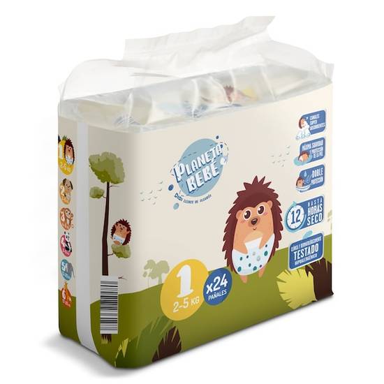 Pañales 2-5 kgs talla 1 Planeta Bebé bolsa 24 unidades)