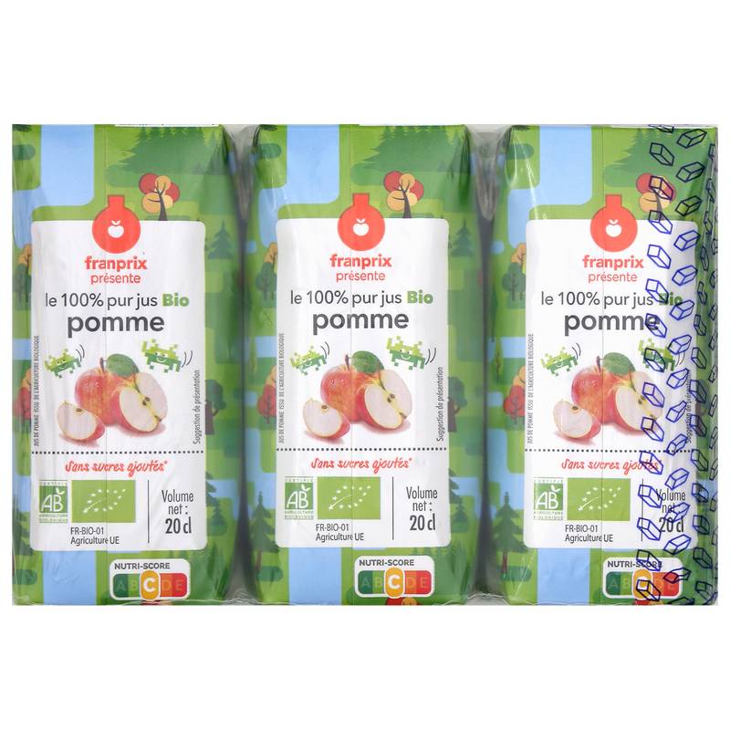 Franprix - Pur 100% jus de pomme sans sucres ajoutés bio (3 x 200ml)