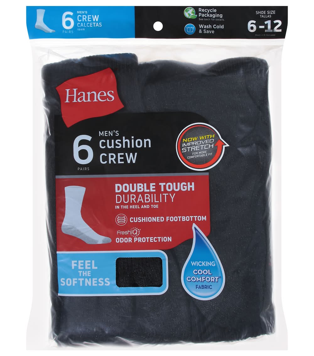 Hanes Men's Cushion Crew Socks, Black (6 ct)