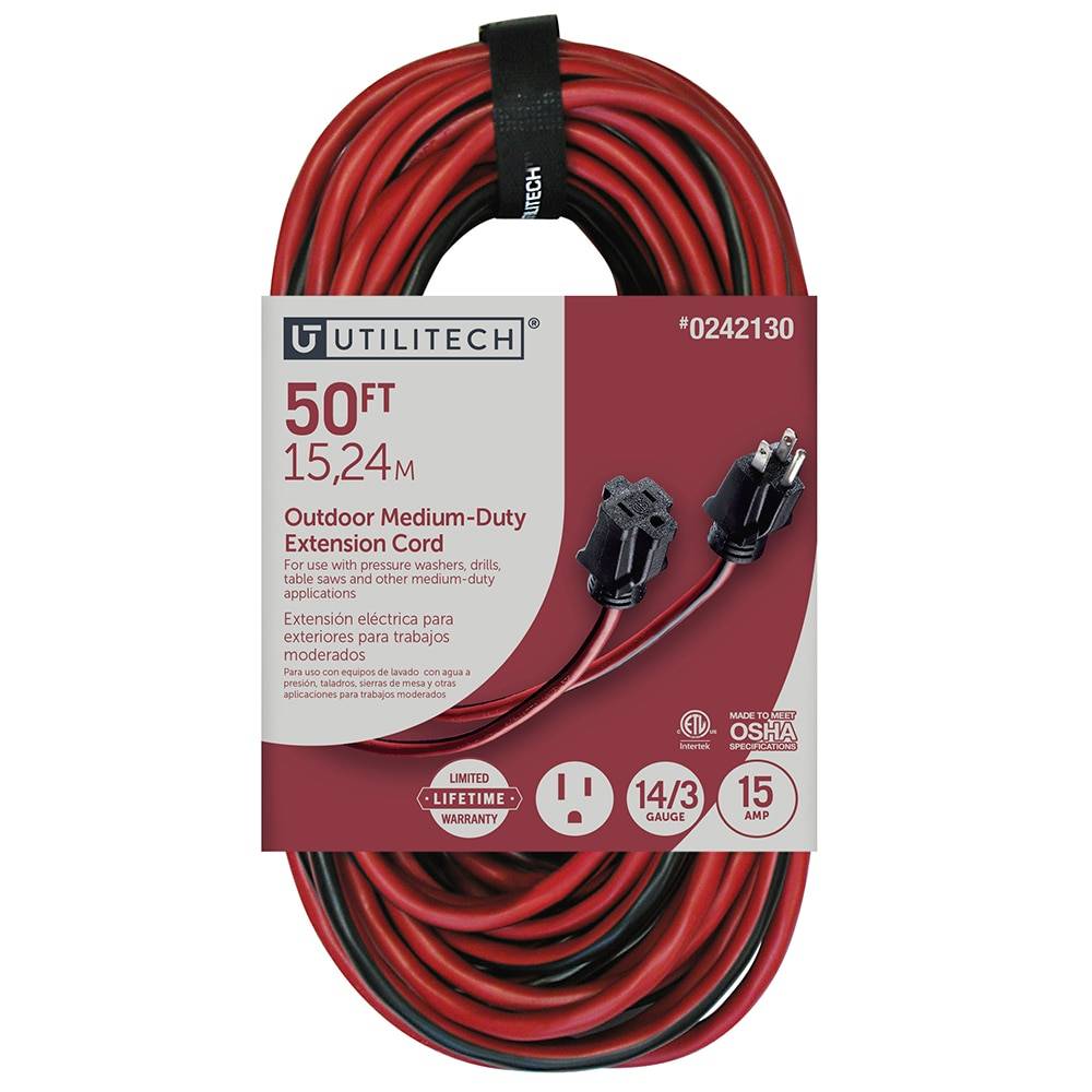 Utilitech Medium duty 50-ft 14/3 3 Prong Red Black Outdoor SJTW Medium Duty General Extension Cord | UTK506730