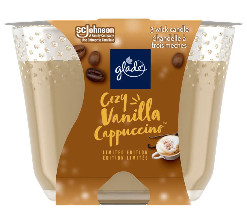 Glade 3 Wick Scented Candle Air Freshener, Cozy Vanilla Cappuccino