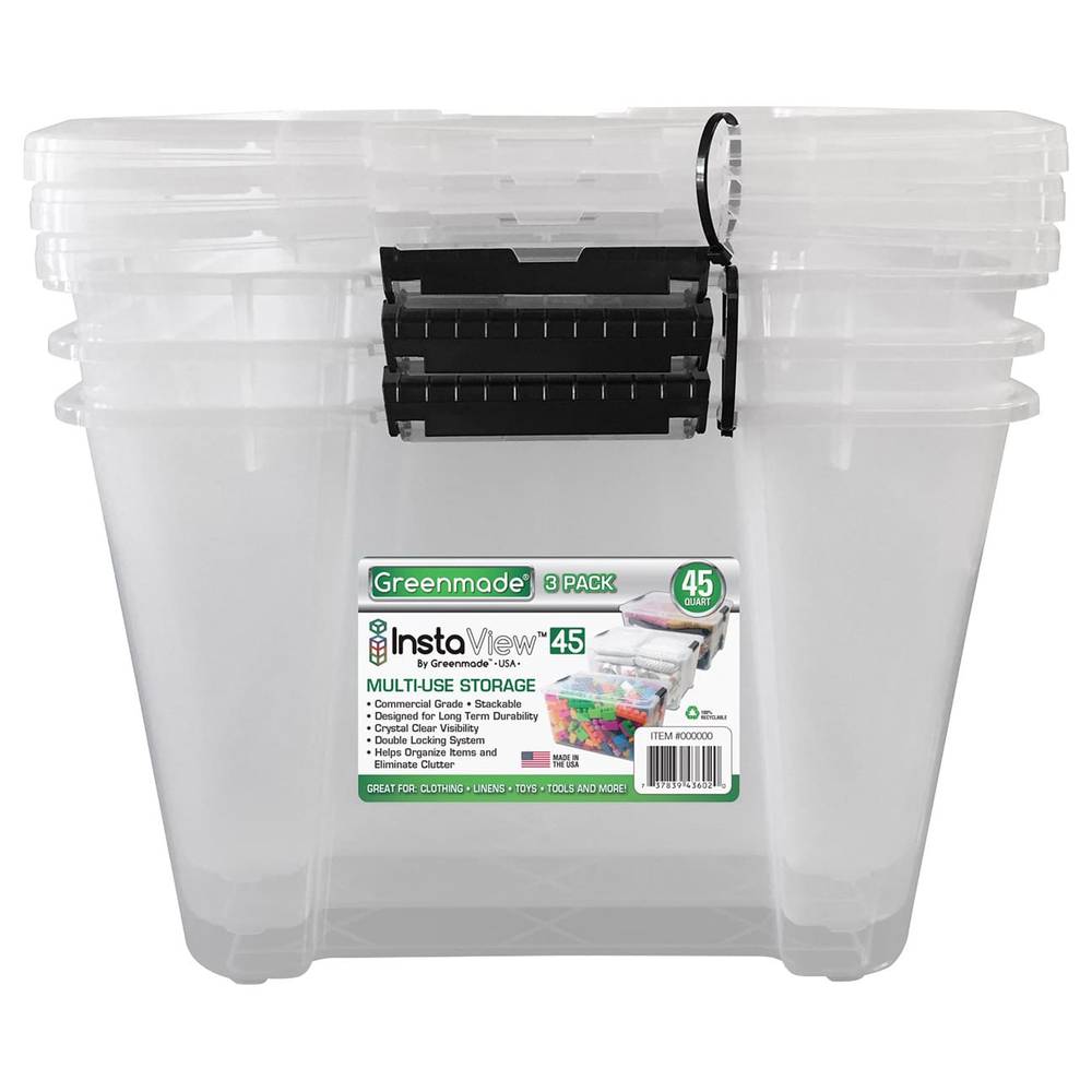 Greenmade InstaView 45 Multi-Use Storage Bin, 45 Quart, Clear, 3-count