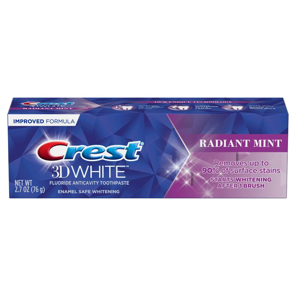 Crest 3D White Fluoride Anticavity Whitening Toothpaste, Radiant Mint, 2.7 OZ