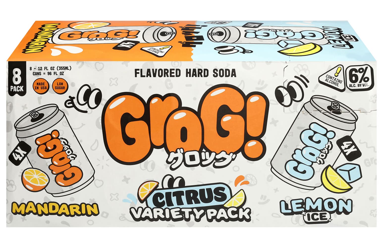 Grog! Flavored Hard Soda Citrus Variety pack, Lemon Ice- Mandarin (8 x 12 fl oz)