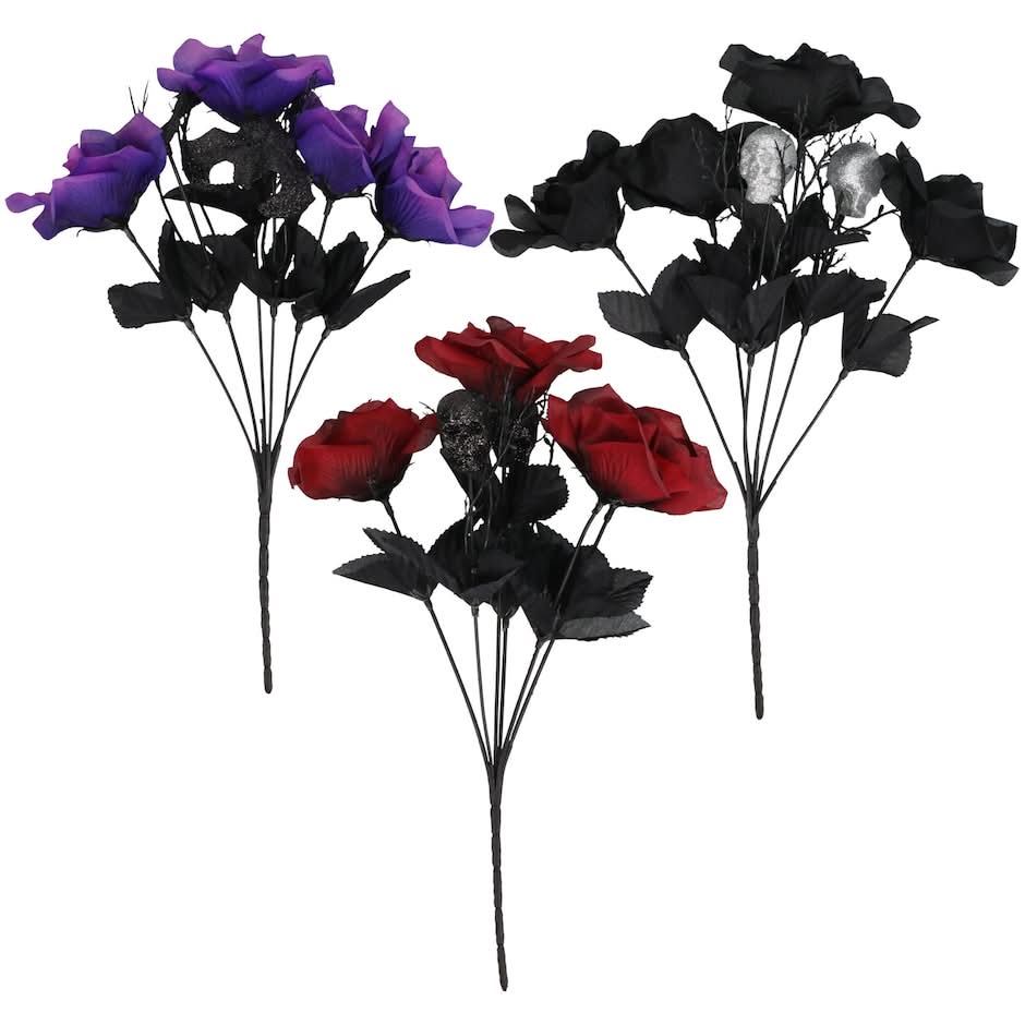 Floral Garden Halloween Roses With Skulls and Bats, 13 in