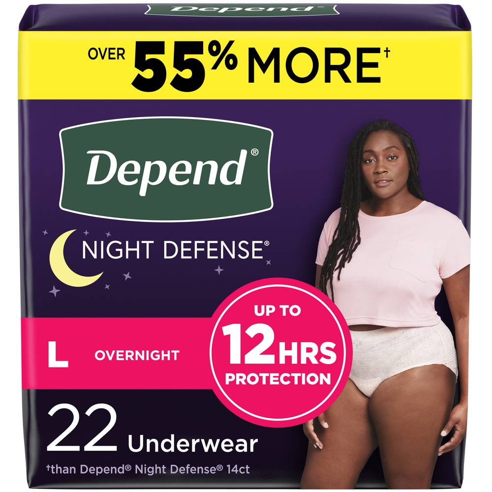 Depend Night Defense Adult Incontinence Underwear For Women Disposable Overnight, Large, Blush (22 ct)