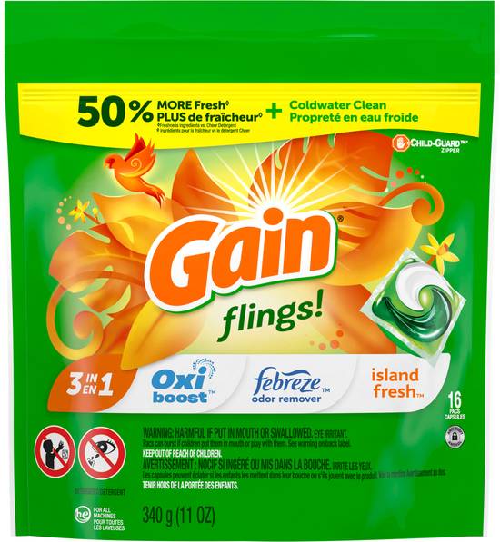 Gain 3 in 1 Flings! Laundry Detergent +Aroma Boost Island Fresh (16 ct)