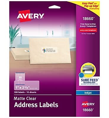 Avery Easy Peel Inkjet Address Labels, 1 x 2-5/8, Clear, 300 Labels/Pack (18660)