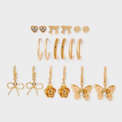 Wild Fable Bow Rose and Butterfly Mixed Hoop Earring Set, Gold (9 ct)